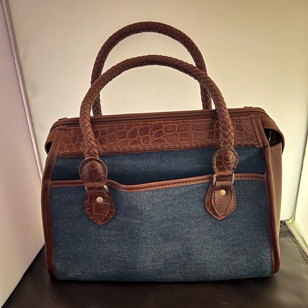 Vintage Brighton Leather Denim Satchel With Hearts Accents - Picture 4 of 8
